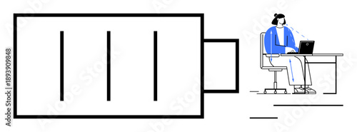 Low battery concept. Depiction of low energy levels with a battery outline and a working individual. Low battery s exhaustion or power management. For energy, productivity, lifestyle, tech, workplace