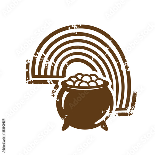 Vintage Grunge texture Brown cauldron filled with gold coins under a rainbow  symbol of good luck and wealth  Irish folklore and mythology