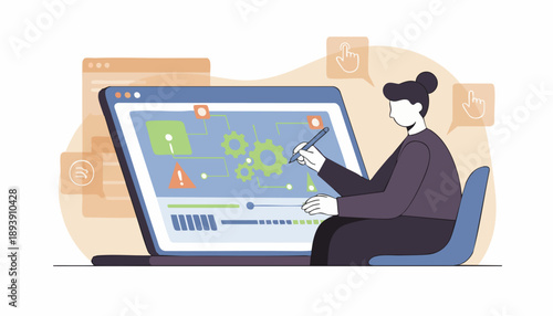 A person working on a laptop, configuring system settings and managing processes with a stylus.