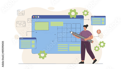 A person designing or developing a user interface for a web application, surrounded by various UI elements and settings gears.