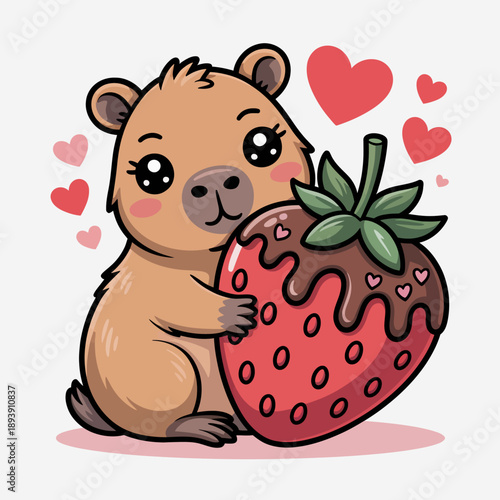 A cute capybara cuddles a large strawberry with heart shapes around it.