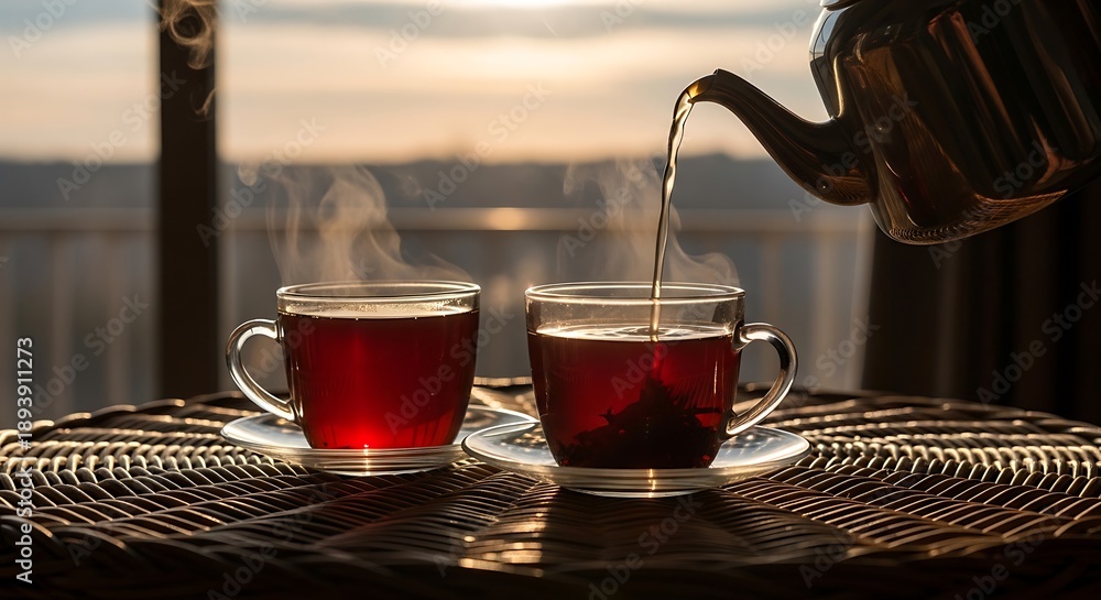 Fototapeta premium Tea being poured into glass cups outdoors.