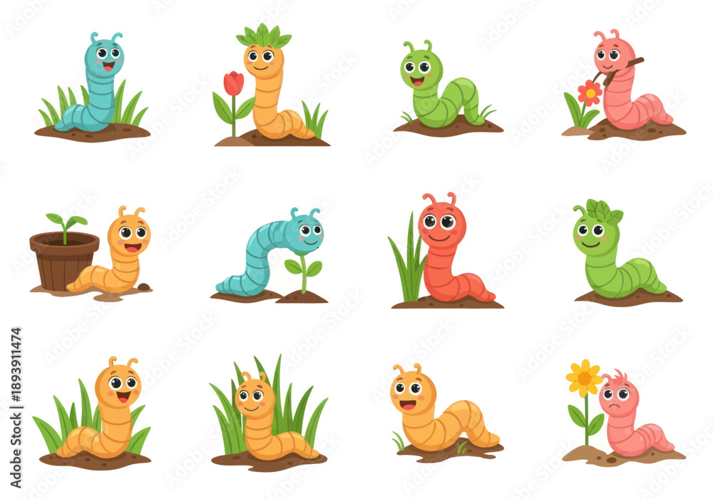 Obraz premium Cute cartoon worm characters in various colors and poses with plants and flowers, perfect for educational and children's content