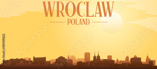 Golden yellow panoramic poster of the city skyline with misty background buildings and clouds of WROCLAW, POLAND
