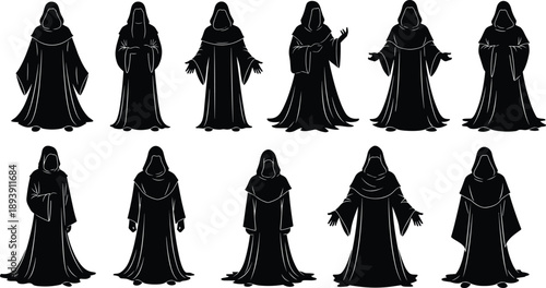 Hooded monk silhouettes collection in dark robes, medieval fantasy and occult characters standing poses isolated on white background vector