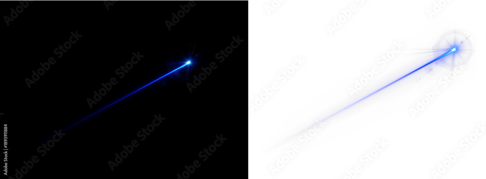 Fototapeta premium Blue laser beam bursts sharply over a black background. Glowing neon light creates energetic abstract patterns. Perfect for sci-fi visuals, digital banners, and futuristic designs.