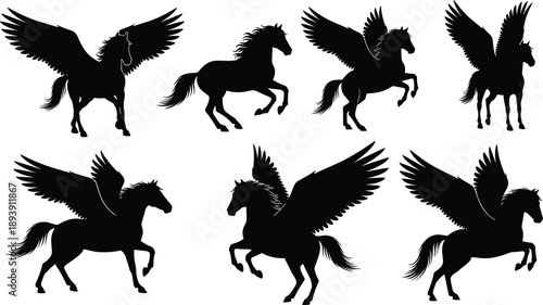Pegasus winged horse silhouettes in dynamic flying poses, mythical fantasy creatures collection isolated on white background vector illustration