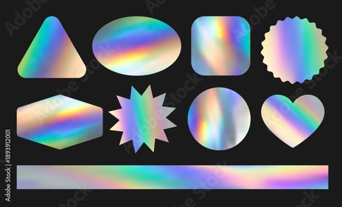Set of realistic neon template, mockup, sticker with holographic effect, foil texture. Shiny smooth hologram, emblem, label in various shape isolated on black background