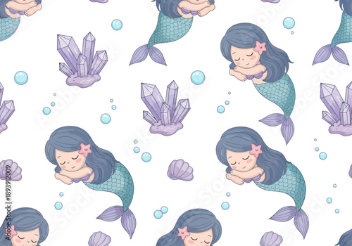 Seamless pattern of cute sleeping mermaids with blue hair and purple tails with underwater crystals and bubbles, perfect for kids design