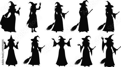 Witch silhouettes collection with broom poses, spooky fantasy halloween characters, magical sorceress costume figures isolated on white background vector