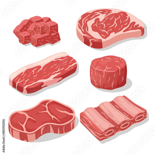 Raw Beef Meat Cuts Set – Fresh Red Meat Food Flat Vector Illustration