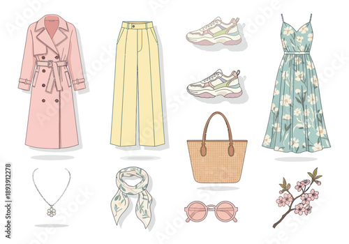 Spring fashion outfit collection with trench coat, wide pants, floral dress, sneakers, handbag, scarf, necklace, sunglasses, and cherry blossom - stylish casual wear