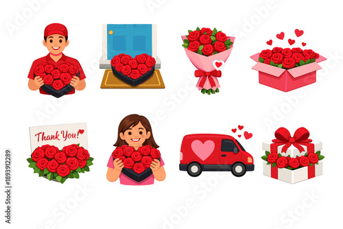 Rose flower delivery illustrations set