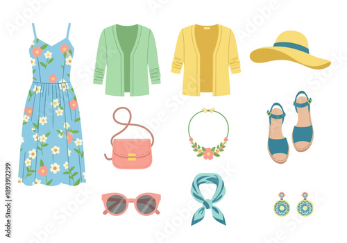 Spring summer women's fashion outfit set with floral dress, cardigans, hat, sandals, sunglasses, scarf, purse and jewelry for casual style