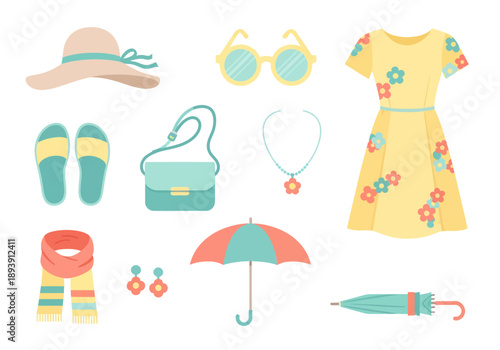 Summer fashion accessories and clothing flat lay with sunhat, sunglasses, dress, sandals, scarf, purse, necklace, earrings, and umbrellas, stylish outfit set