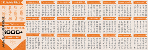 Mega set of vector thin line icons. Editable stroke. Contains such icon collection as commerce, business, finance, banking, data analysis, teamwork, marketing. line big icon set
