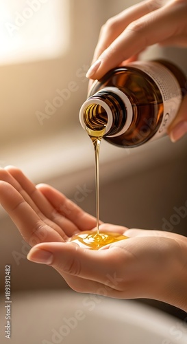 Wallpaper Mural Pouring oil from bottle into hand for skincare routine. Torontodigital.ca