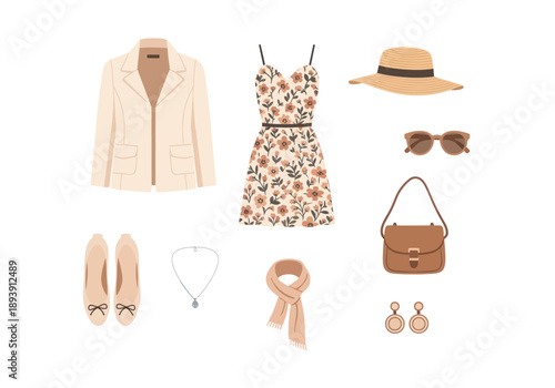 Trendy neutral-toned women's outfit set with floral dress, blazer, accessories, and shoes for stylish casual and summer fashion looks