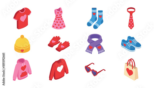 Clothing and accessories with heart patterns isometric set