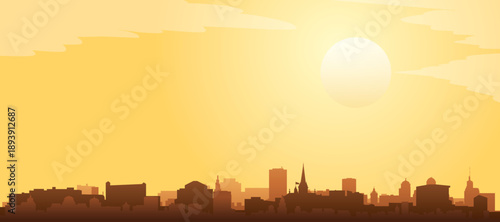 Golden yellow panoramic poster of the city skyline with misty background buildings and clouds of ZURICH, SWITZERLAND