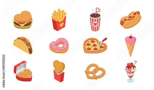 Cartoon-style Food Items Grid Illustrations