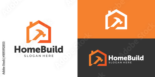 Creative simple home build logo template. Home with hammer symbol for home improvement logo design vector illustration.