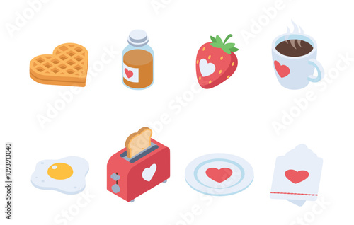 Breakfast heart-themed vector icons set