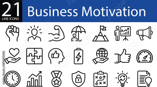 Business motivation line icons collection, minimal vector style, power fist, growth charts, teamwork, innovation, and success.