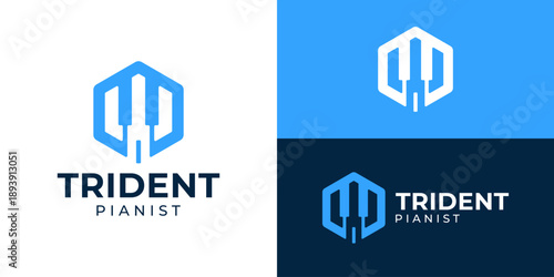 Creative simple trident pianist logo template. Abstract piano with trident in hexagon shape, entertainment logo design vector illustration.