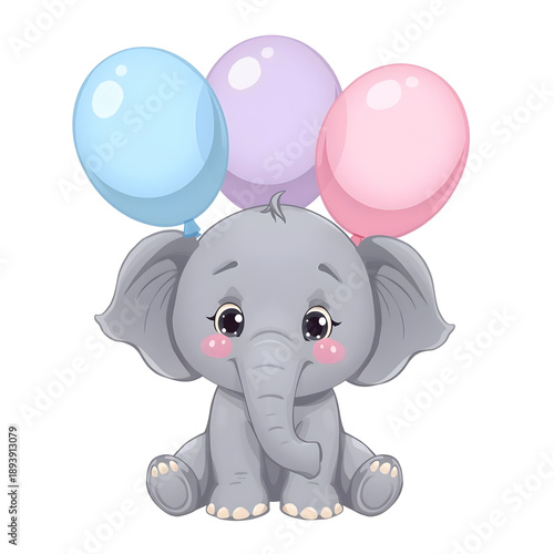 Cute baby elephant sitting with pastel balloons charming cartoon illustration for childrens party invitations and nursery decor
