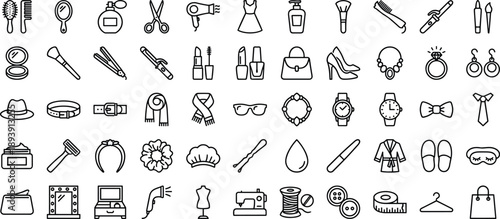 Beauty and fashion icon set, makeup tools, accessories, cosmetics, spa items, clothing, grooming symbols, minimal line vector illustration collection