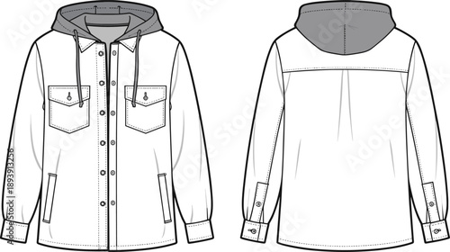 Front and back view of a white button-up shirt jacket with a grey hood and pockets Keywords: shirt jacket, shacket, outerwear
