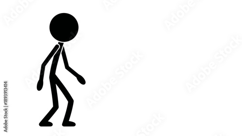 Simple black stick figure man walking on white background.