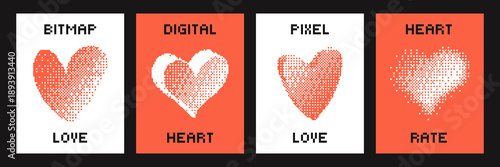 Pixel heart posters set with bitmap love typography in retro digital style