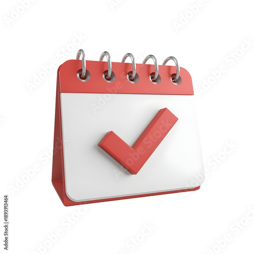 3D calendar icon with a red checkmark representing a completed task or important date isolated on a white background for planning and organization concepts