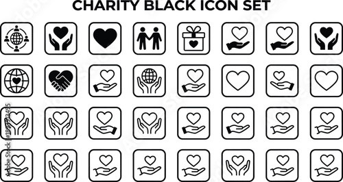 Charity black icon set, donation symbols, helping hands, love heart, community support, humanitarian aid, minimal solid vector illustration