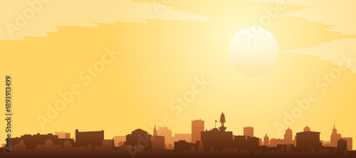 Golden yellow panoramic poster of the city skyline with misty background buildings and clouds of SOFIA, BULGARIA