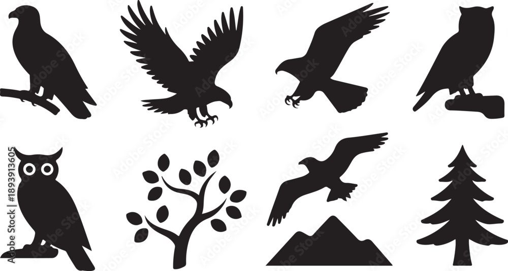 Obraz premium Collection of Bird Silhouettes and Nature Elements Illustration