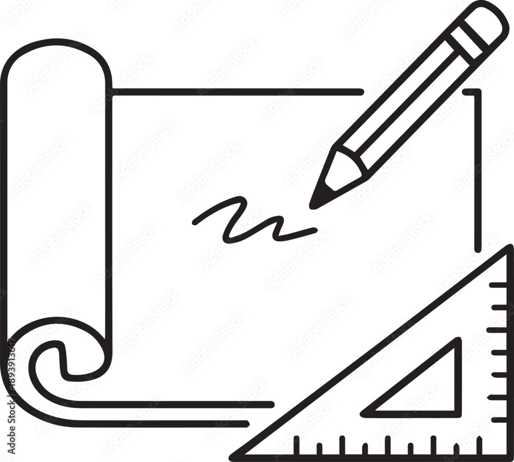 Naklejka premium Architectural Drafting Icon with Scroll, Pencil, and Triangle Ruler 