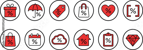 Discount sale icons set, percentage symbols gift bag heart diamond, e commerce promotion graphics, red line vector elements for marketing