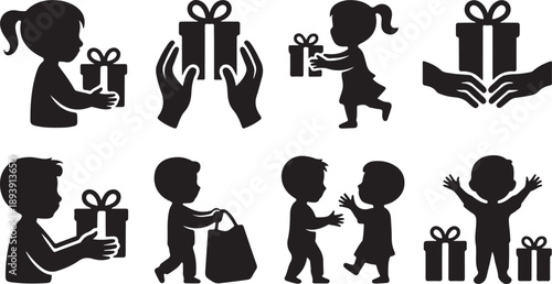 Children Giving and Receiving Gifts Silhouettes for Holidays