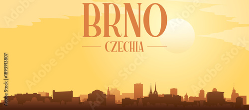 Golden yellow panoramic poster of the city skyline with misty background buildings and clouds of BRNO, CZECH REPUBLIC