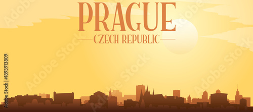 Golden yellow panoramic poster of the city skyline with misty background buildings and clouds of PRAGUE, CZECH REPUBLIC