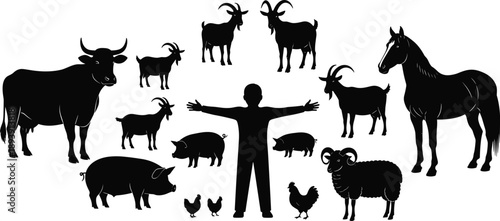 Collection, of, black, silhouettes, featuring, a, farmer, with, various, farm, animals, like, cows, horses, pigs, goats, sheep, and, chickens, for, agriculture.