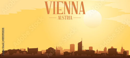Golden yellow panoramic poster of the city skyline with misty background buildings and clouds of VIENNA, AUSTRIA