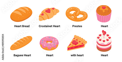 Heart-themed baked goods illustrated set