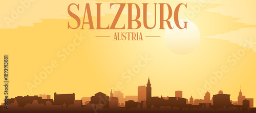 Golden yellow panoramic poster of the city skyline with misty background buildings and clouds of SALZBURG, AUSTRIA