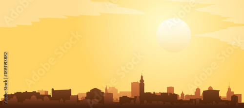 Golden yellow panoramic poster of the city skyline with misty background buildings and clouds of SALZBURG, AUSTRIA