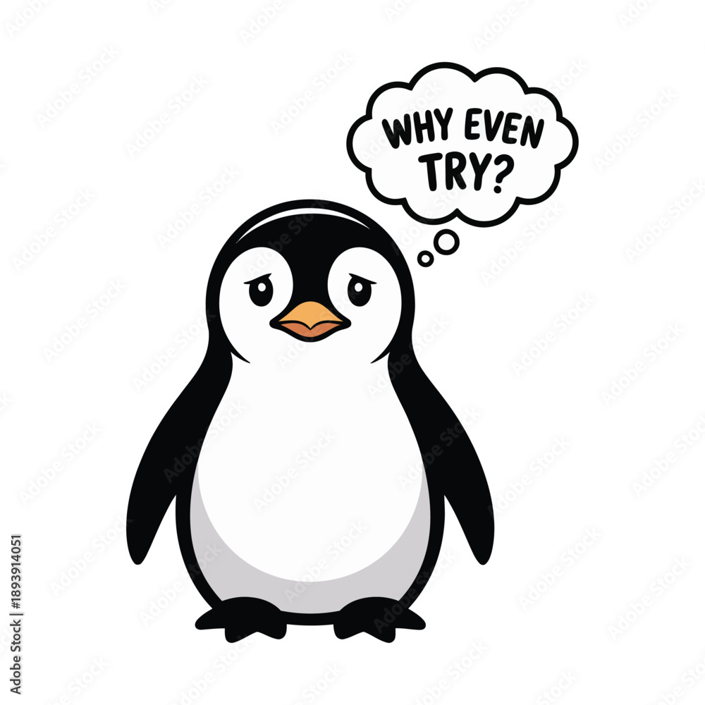 Obraz premium A cartoon penguin with a sad expression contemplates life visualized by a speech bubble questioning the point of effort high-quality professional detailed.
