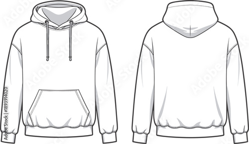 Front and back view of a white hooded sweatshirt with drawstrings and a kangaroo pocket Keywords: hoodie, sweatshirt, apparel